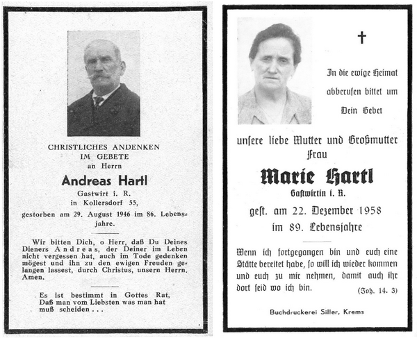 Sterbebilder Andreas und Maria Hartl